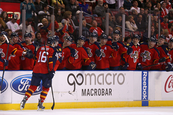 during a game  at BB&T Center on January 27, 2015 in Sunrise, Florida.