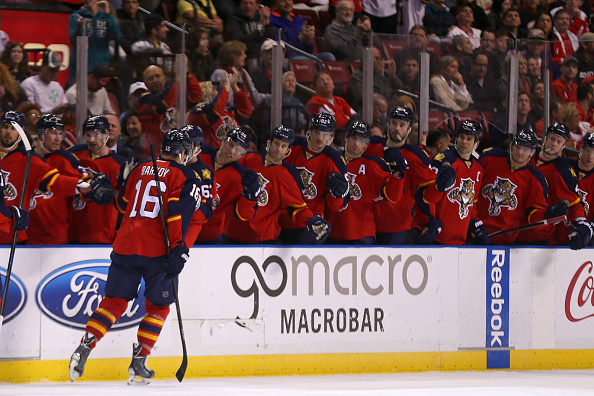 during a game  at BB&T Center on January 27, 2015 in Sunrise, Florida.