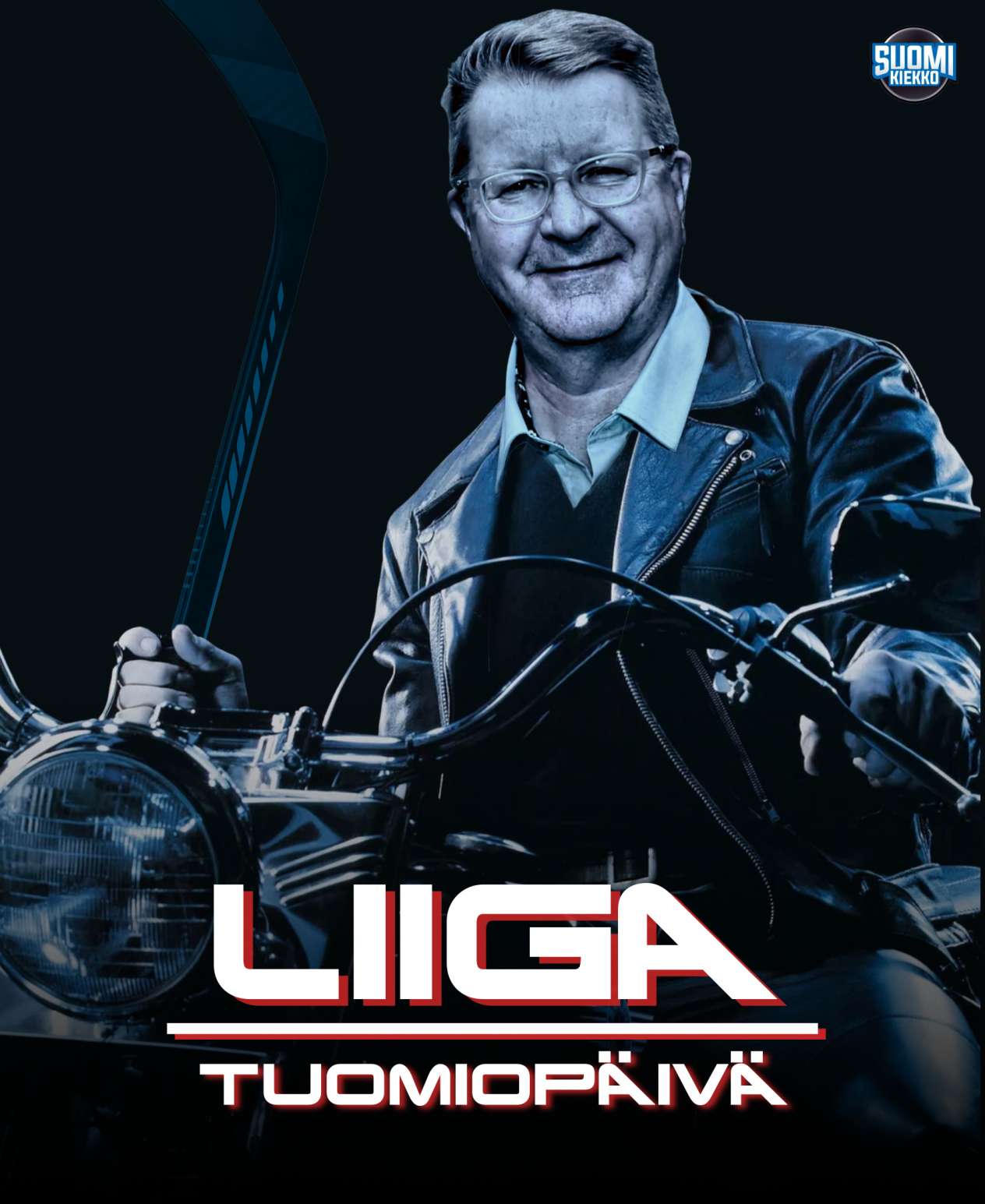 Liigan yhtiökokous järjestetään torstaina 27.11.2025. Muokattu kuva Liigan puheenjohtaja Jyrki Sepästä istumassa moottoripyörän selässä jäljitellen Terminaattori Tuomionpäivä -elokuvan julistetta.