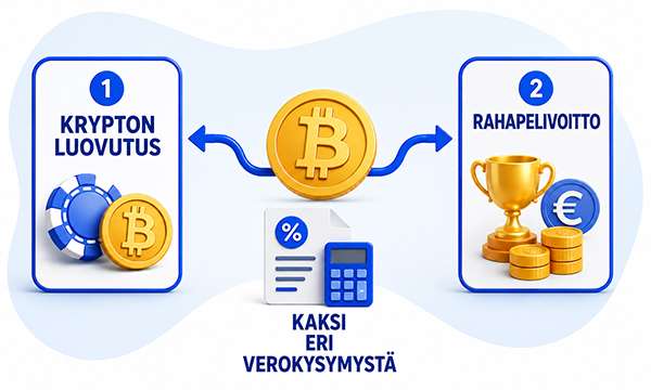 Kryptovaran luovutus ja kasinolta saatu rahapelivoitto arvioidaan verotuksessa erillisinä tapahtumina